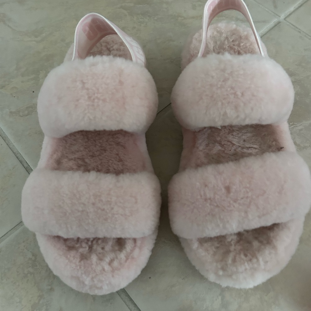 Sale! UGG OH YEAH Fluff Slide Babydoll Pink Fur Slippers Double Strap Slingbacks